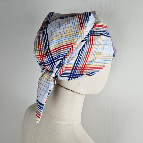 Vintage Scarf Hat Scrub Tie Back White Plaid Chemo Retro Cathy Thousand Oaks Ca - Picture 4 of 8